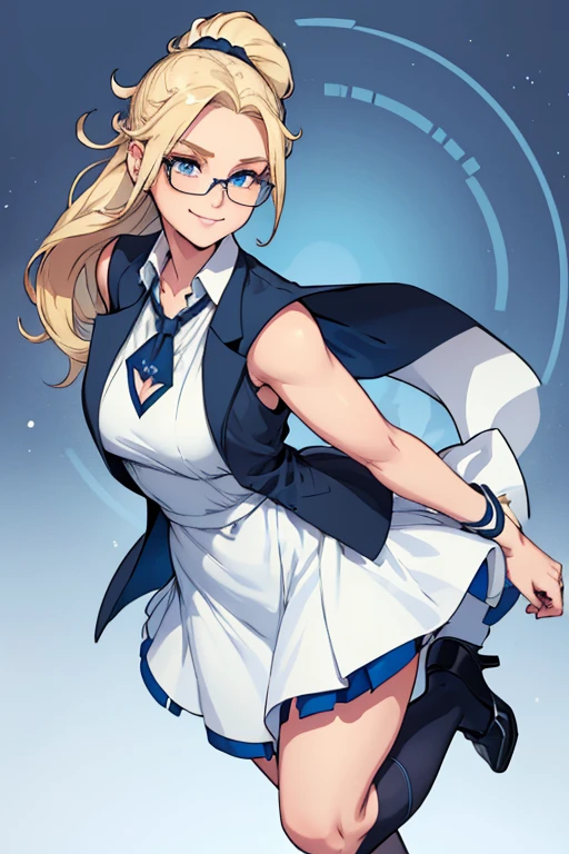 female, blonde long hair in ponytail, blue eyes, (((1girl))), (((white dress shirt))), (dark blue sleeveless waistcoat), (long light blue skirt), (black stockings), (dark blue heels), (glasses), cute and sexy, full body, modest breasts, long legs, smiling, slight cleavage