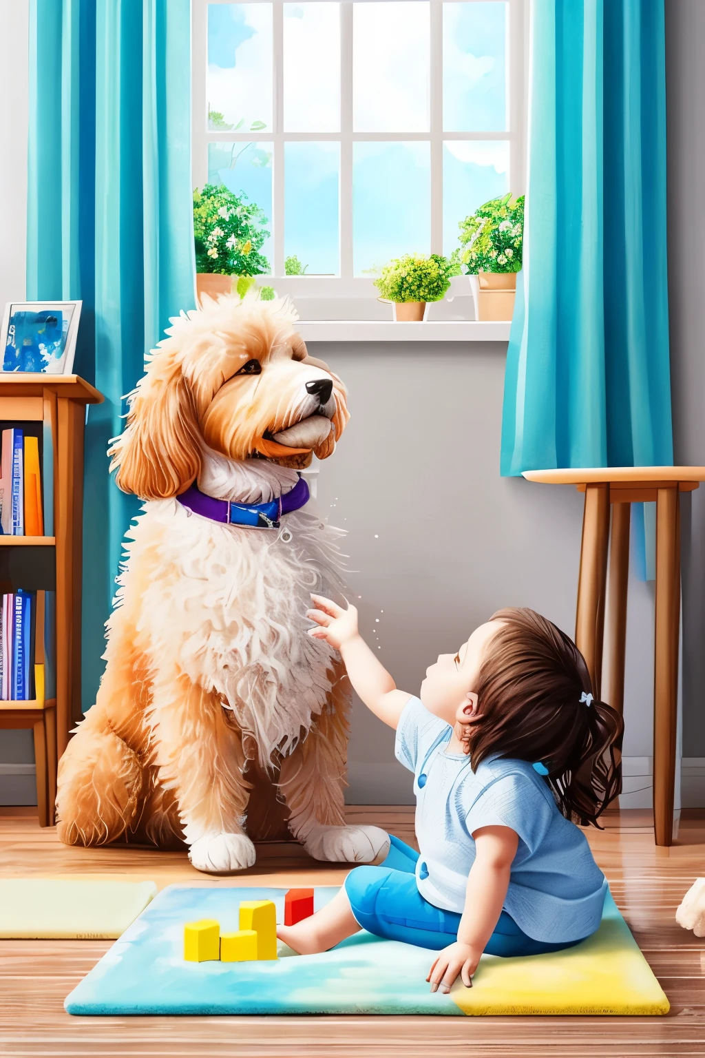 best quality, 2.5D, fluffy large dog and human baby playing together, soft sparkling effects, room in the house, large windows, cute illustration style, fusion of watercolors and oil paintings, vivid and pastel colors
