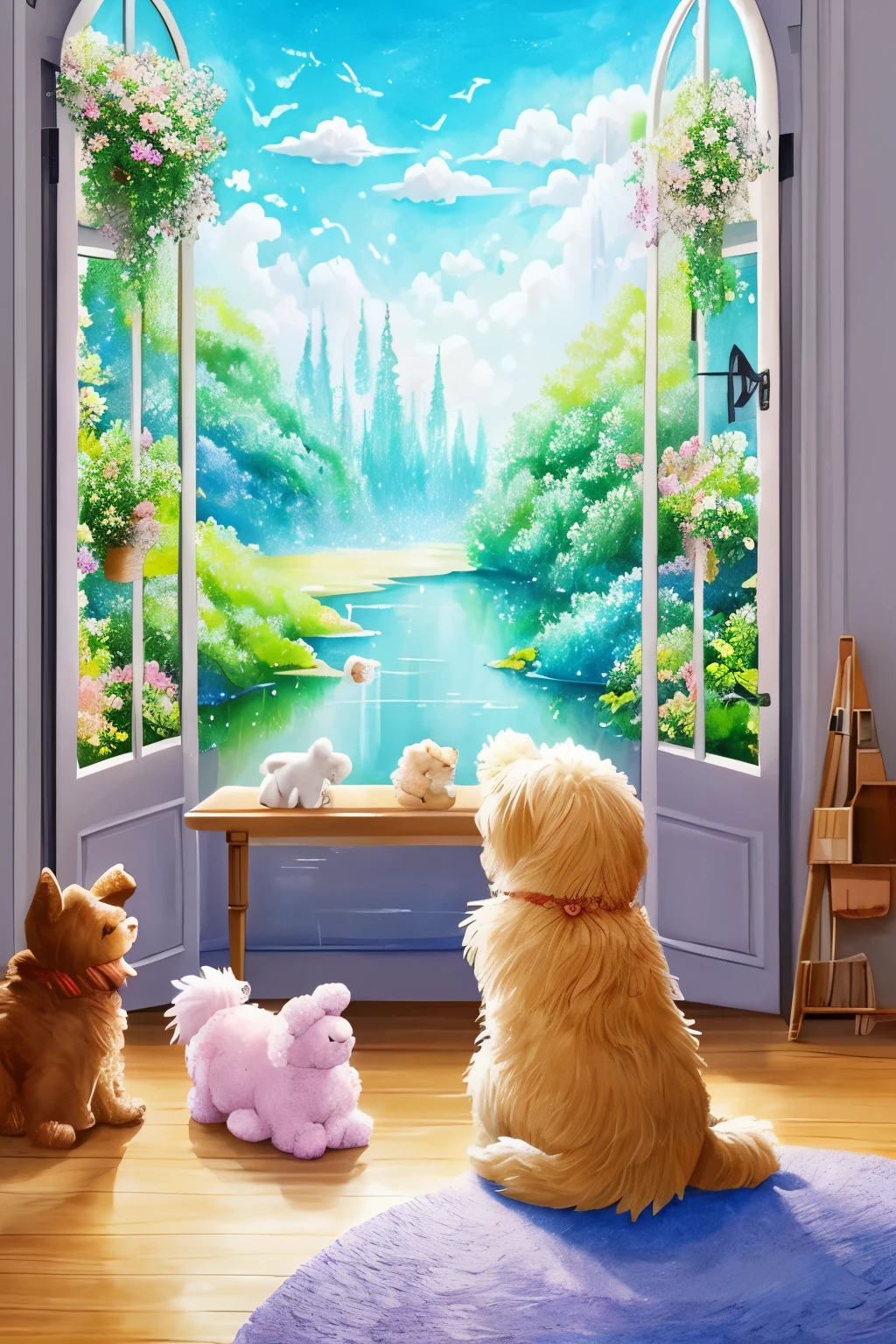 best quality, 2.5D, fluffy large dog and human baby playing together, soft sparkling effects, room in the house, large windows, cute illustration style, fusion of watercolors and oil paintings, vivid and pastel colors