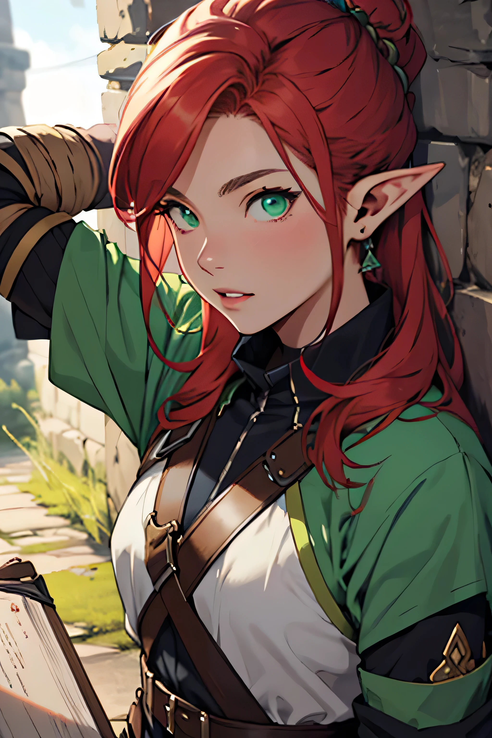 ((best qualityer)), ((RPG)), (detailded),
A female elf RPG character, is 22 years old, redhead with green eyes