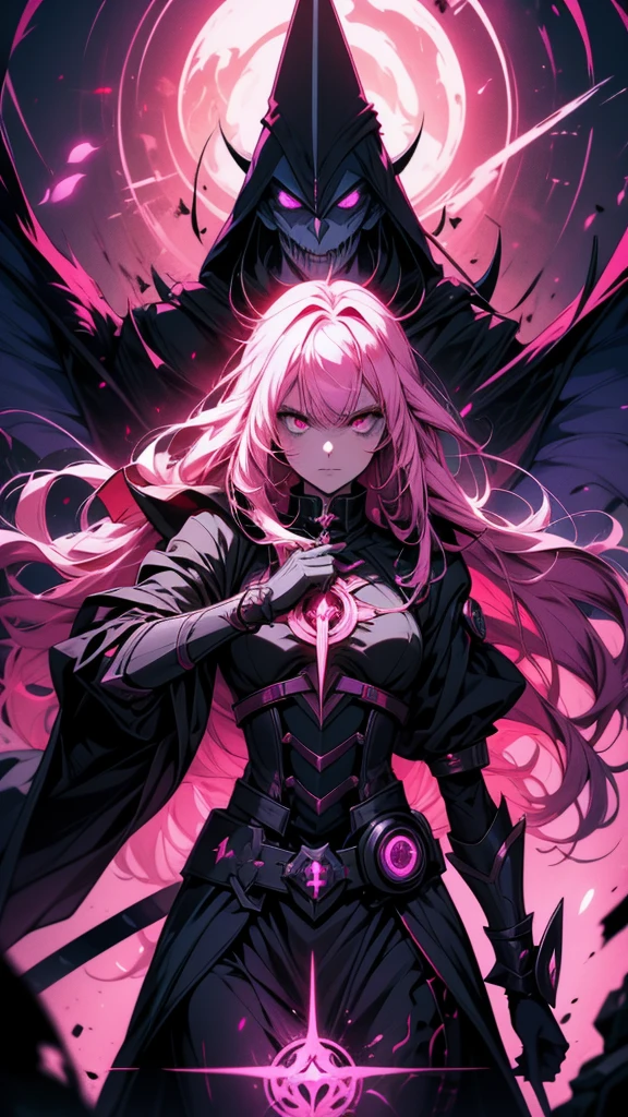 A drawing of a girl with long pink hair and a sword, Anime Monster Girl, Holy Cyborg Necromancer Girl, Devil Anime Girl, /!\ witch, Anime Moe Art Style, Gap Moe Yandere Grimdark, Black Magician Girl, Alchemist Girl, Evil Aura, Devil Girl, Dark Aura, Beautiful necromancer girl, Dark aura