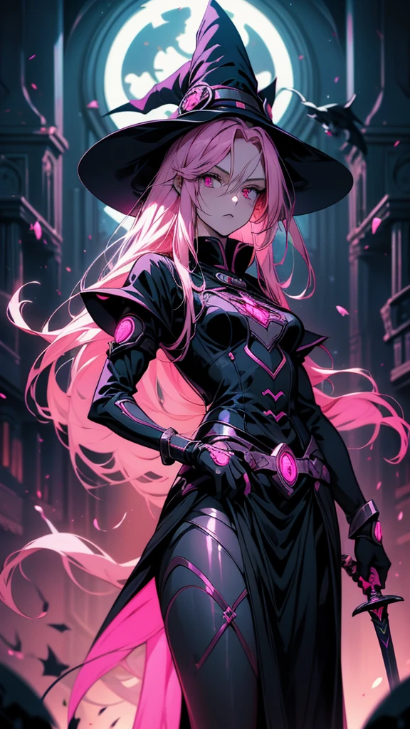 A drawing of a girl with long pink hair and a sword, Anime Monster Girl, Holy Cyborg Necromancer Girl, Devil Anime Girl, /!\ witch, Anime Moe Art Style, Gap Moe Yandere Grimdark, Black Magician Girl, Alchemist Girl, Evil Aura, Devil Girl, Dark Aura, Beautiful necromancer girl, Dark aura