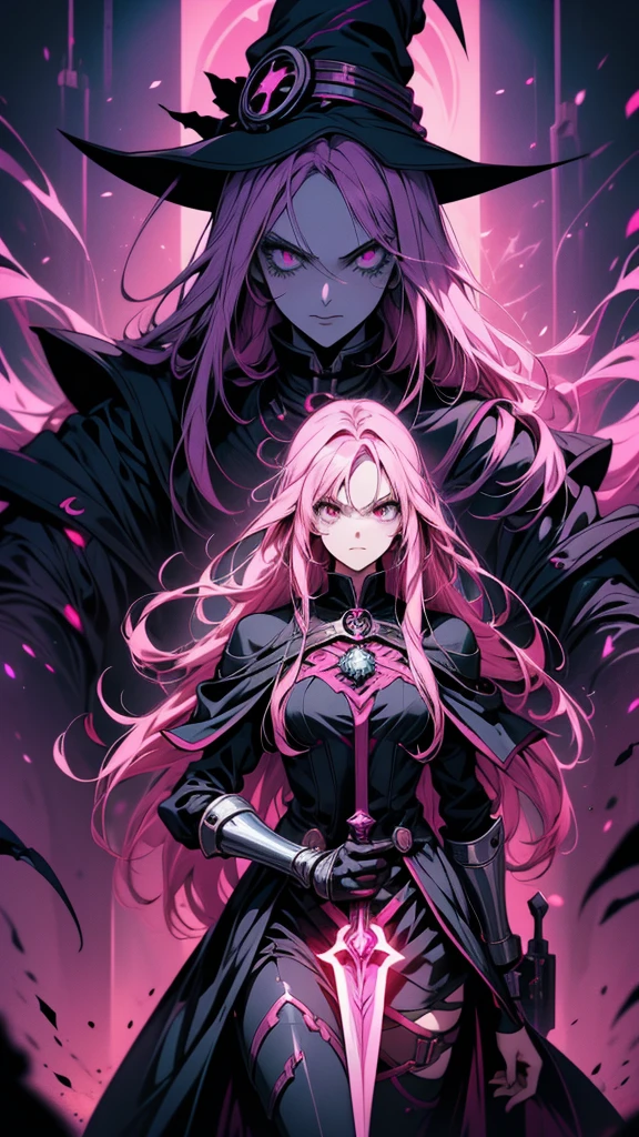 A drawing of a girl with long pink hair and a sword, Anime Monster Girl, Holy Cyborg Necromancer Girl, Devil Anime Girl, /!\ witch, Anime Moe Art Style, Gap Moe Yandere Grimdark, Black Magician Girl, Alchemist Girl, Evil Aura, Devil Girl, Dark Aura, Beautiful necromancer girl, Dark aura