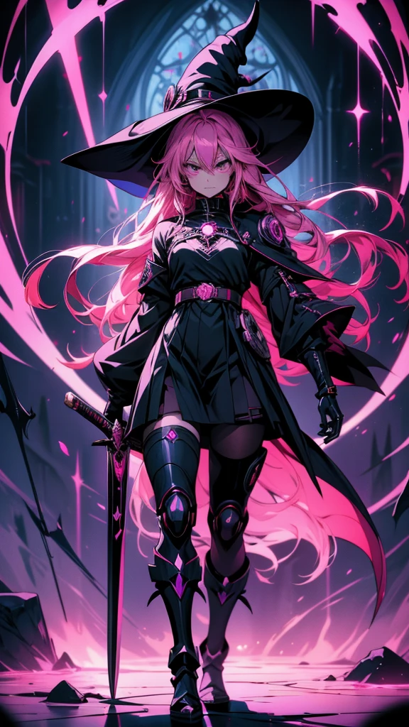 A drawing of a girl with long pink hair and a sword, Anime Monster Girl, Holy Cyborg Necromancer Girl, Devil Anime Girl, /!\ witch, Anime Moe Art Style, Gap Moe Yandere Grimdark, Black Magician Girl, Alchemist Girl, Evil Aura, Devil Girl, Dark Aura, Beautiful necromancer girl, Dark aura