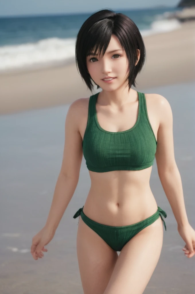 A female character named Yuffie Kisaragi running energetically along the beach, wearing a vibrant green bikini. Her short dark hair bounces with each step, and she has a playful and mischievous expression, splashing water around.