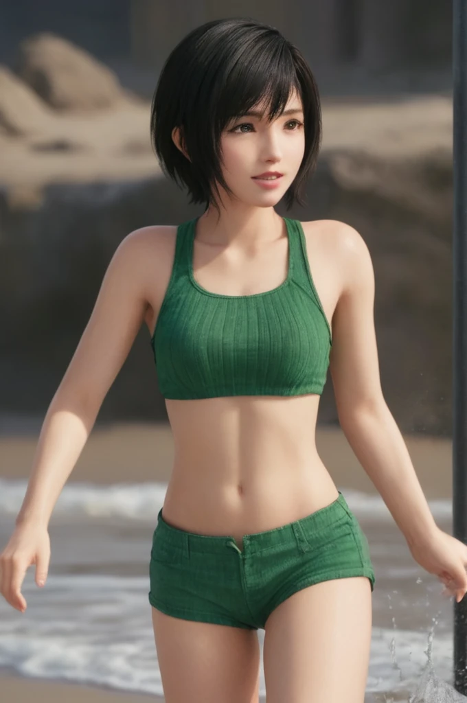 A female character named Yuffie Kisaragi running energetically along the beach, wearing a vibrant green bikini. Her short dark hair bounces with each step, and she has a playful and mischievous expression, splashing water around.