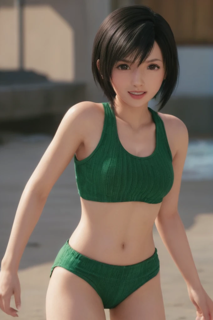 A female character named Yuffie Kisaragi running energetically along the beach, wearing a vibrant green bikini. Her short dark hair bounces with each step, and she has a playful and mischievous expression, splashing water around.