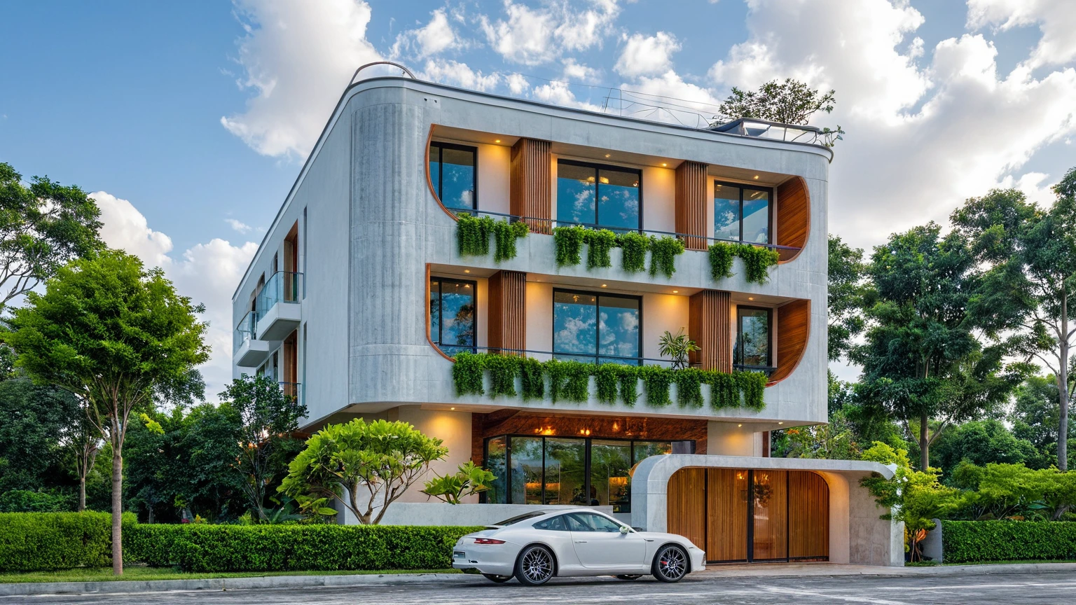 Masterpiece, high quality, best quality, authentic, super detail, outdoors, onestoreyvillaXL, aiaigroup, house style modern on the street ,stairs, white wall ,road,pavement, grass, trees, sky, cloud, (daylight:1.1)