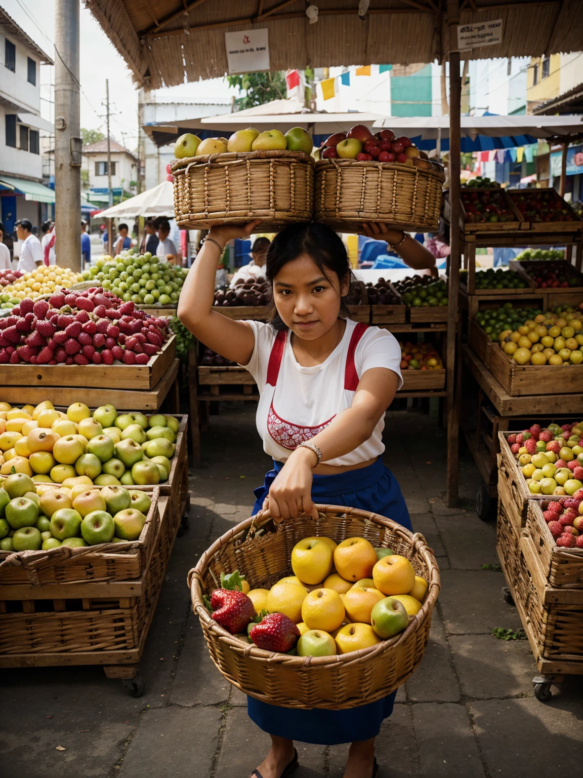 A hyper realistic photo of a fresh fruit seller at a Indonesian traditional market, taken from an overhead perspective. The scene captures a variety of colorful fruits displayed in baskets and crates, with the seller interacting with customers. The market is bustling with activity, showcasing other stalls and people in the background. The image should be in 8K resolution, suitable for an A4 portrait size. detail photographs, fine fingers and face