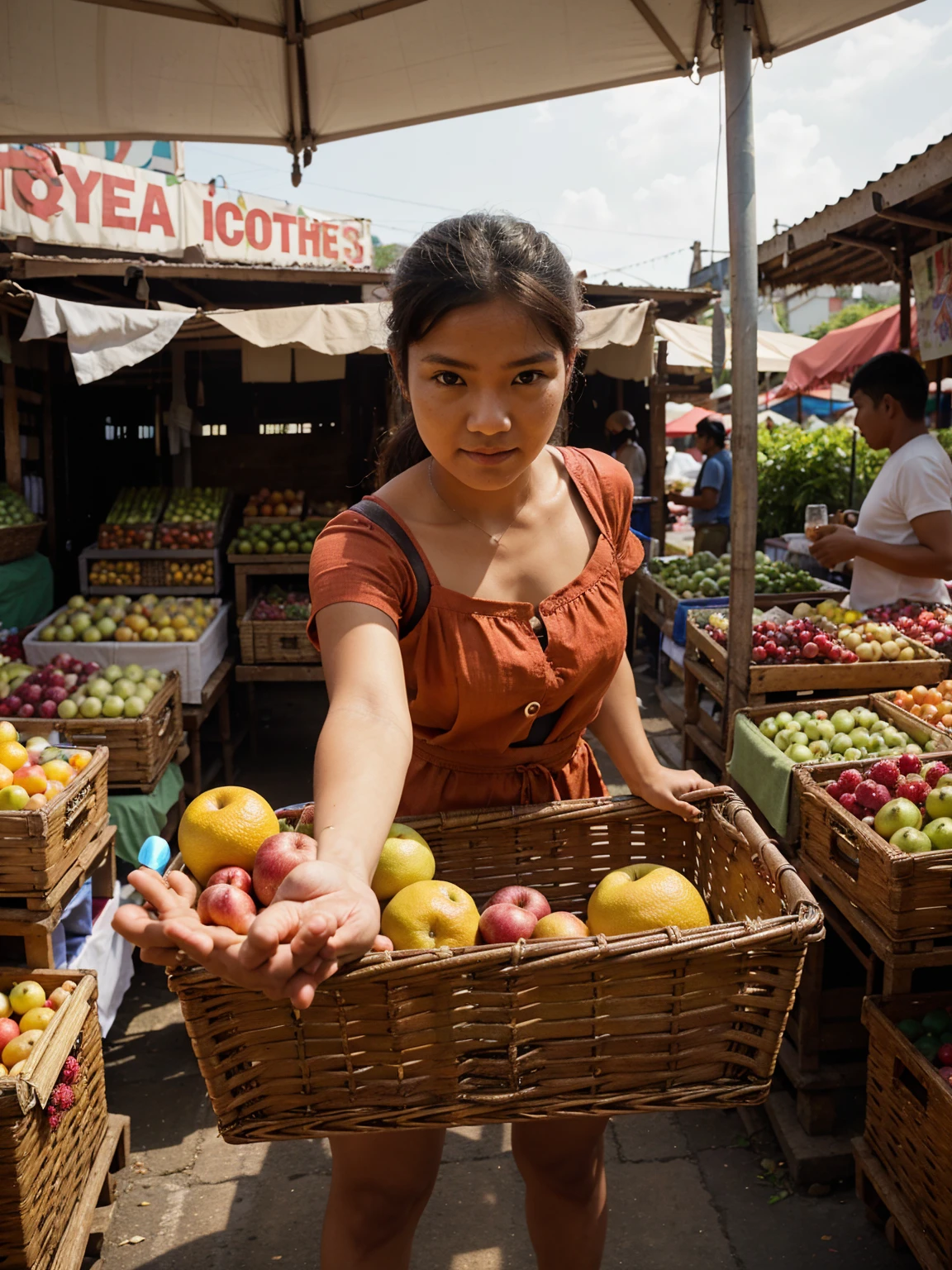 A hyper realistic photo of a fresh fruit seller at a Indonesian traditional market, taken from an overhead perspective. The scene captures a variety of colorful fruits displayed in baskets and crates, with the seller interacting with customers. The market is bustling with activity, showcasing other stalls and people in the background. The image should be in 8K resolution, suitable for an A4 portrait size. detail photographs, fine fingers and face
