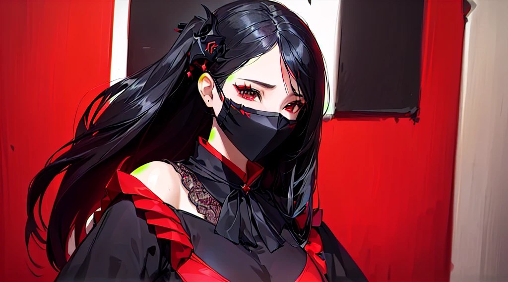 arafed woman in a black and red outfit with a black mask, iu lee ji-eun as a super villain, anime girl cosplay, trending on cgstation, anime girl in real life, wearing all black mempo mask, anime cosplay, cruel korean goth girl, trending at cgstation, range murata and artgerm, stunning anime face portrait