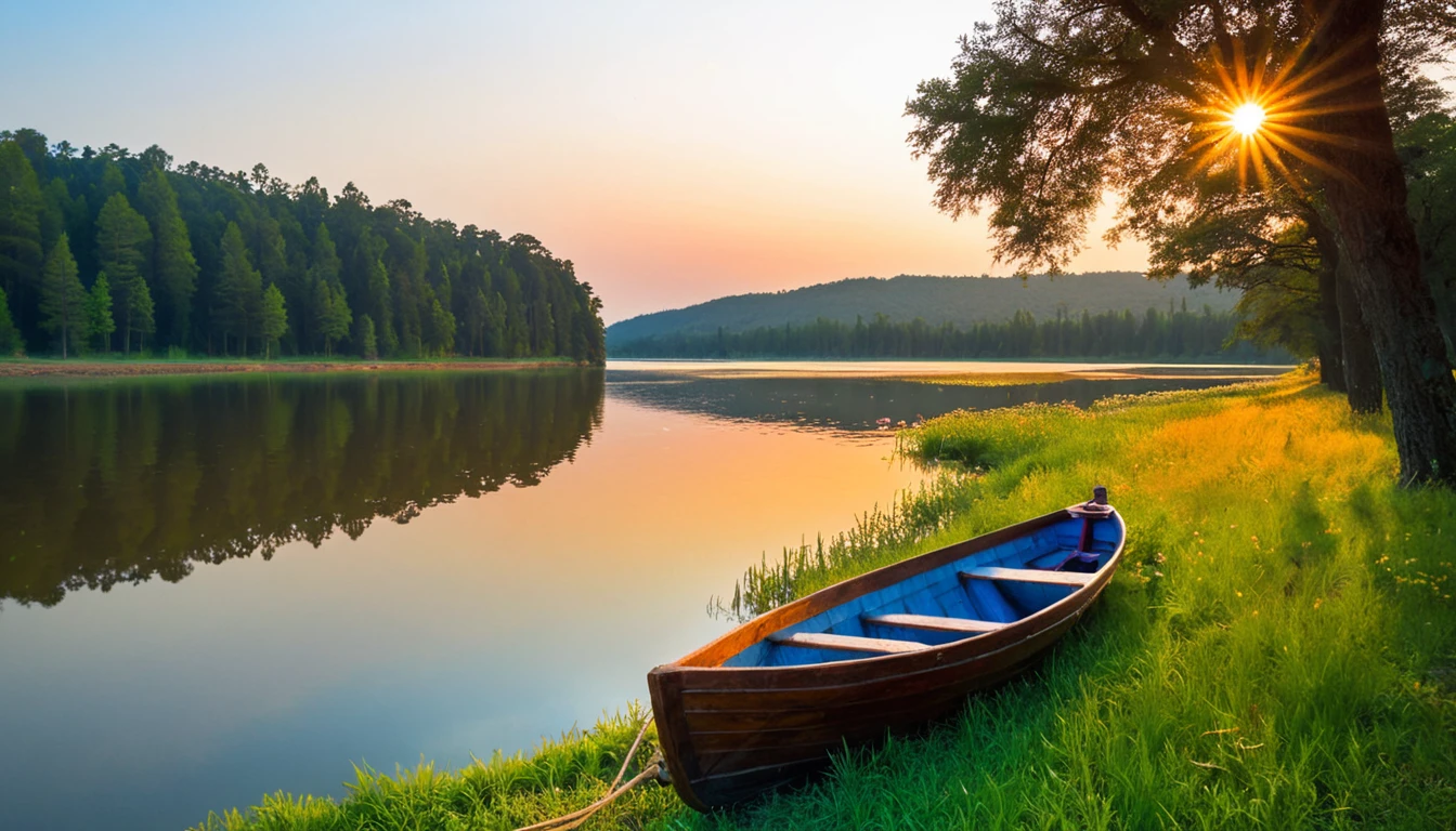 sight, nature, sky, outdoors, water, tree, grass, lake, flower, boat, sunlight, transport mode of transport, reflect, solo, river, female, forest, sunset, legendary scenery
