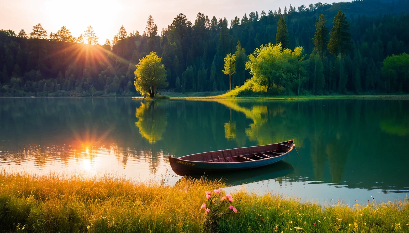 sight, nature, sky, outdoors, water, tree, grass, lake, flower, boat, sunlight, transport mode of transport, reflect, solo, river, female, forest, sunset, legendary scenery