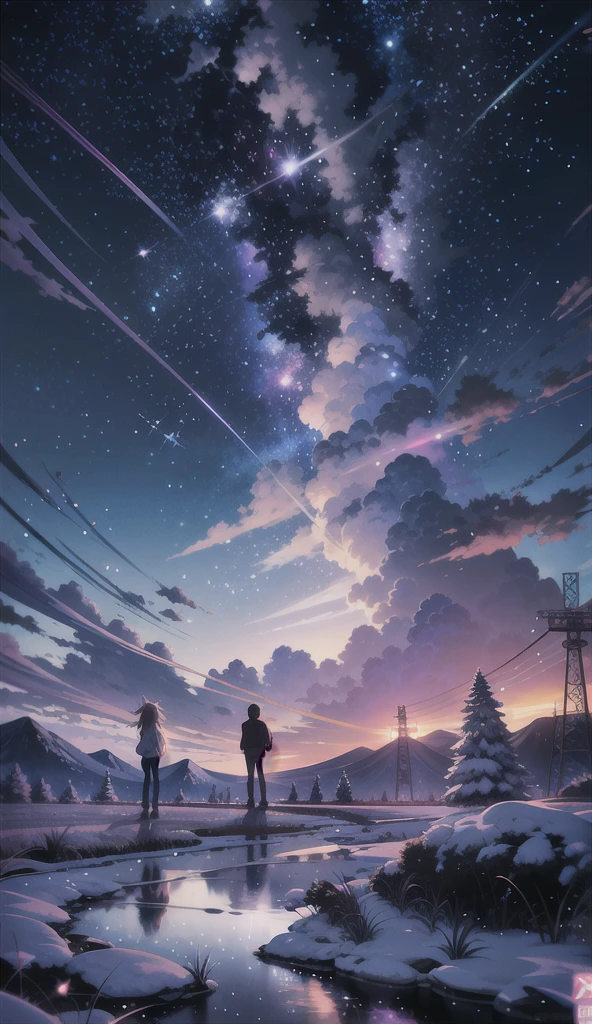 anime scenery of two people standing on a rock looking at the sky, cosmic skies. by makoto shinkai, makoto shinkai cyril rolando, beautiful anime scene, anime sky, anime art wallpaper 4 k, anime art wallpaper 4k, anime art wallpaper 8 k, anime beautiful peace scene, in style of makoto shinkai, 4k anime wallpaper