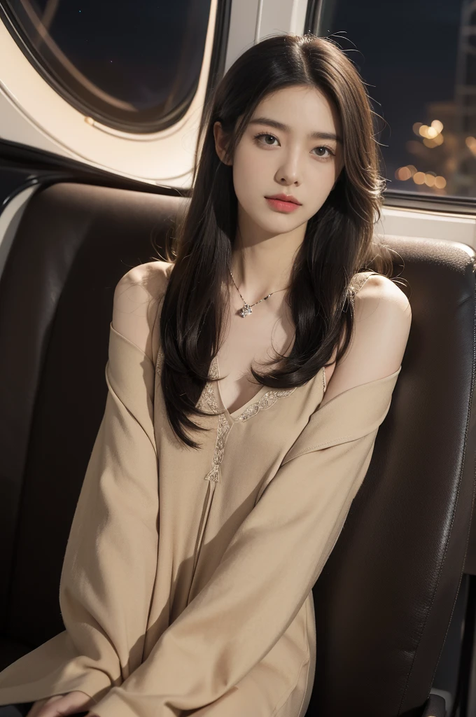 (((best quality))),(((ultra detailed))),(((masterpiece))),illustration,((1 beautiful girl,solo)),((slim,thin,small breasts,flat chest)),((shoulder length straight hair)),stunning female aviation passenger,In the aircraft cabin,nighttime flight,soaring high in the sky,serene beauty,elegance,dark colors,(maxi black embroidered beige shirt-dress:1.3),gracefully flowing,delicate necklace,sparkling pendant,soft lighting,anticipation,window seat,twinkling stars,moonlit sky,tastefully decorated aircraft interior,comfortable seats,warm ambiance,entertainment options,relaxation,tranquility,serene expression,peaceful atmosphere,contrast between darkness and warmth,captivating ambiance,magical moment,essence of summer,allure of the night,enchantment of air travel