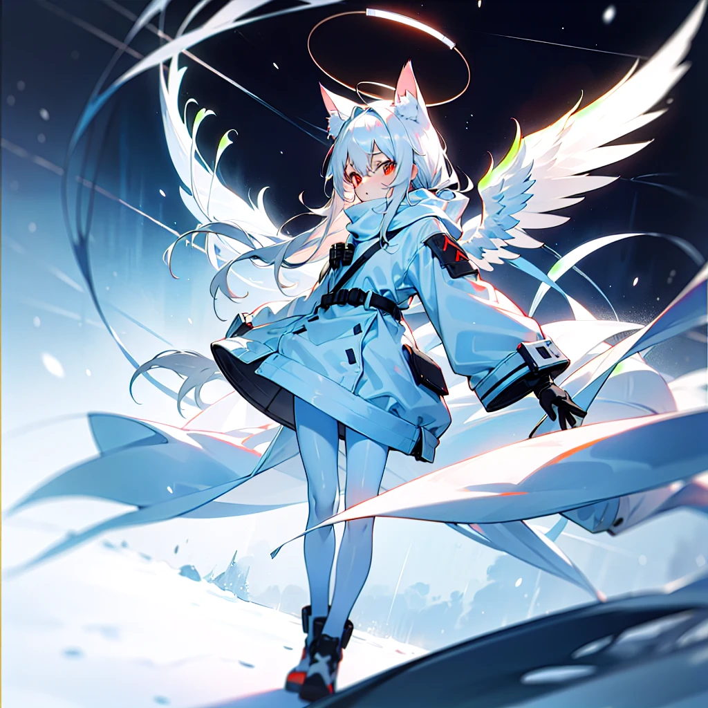 masterpiece, highest quality, highest resolution, clear_image, detailed details, White hair, long hair, cat ears, 1 girl, red eyes, white hoodie, black pantyhose, white scarf (white scarf around the neck with a light blue glow), gray futuristic halo (gray halo over the head), white wings (6 wings), cute, full body, no water marks, snow, normal ears. white dragon