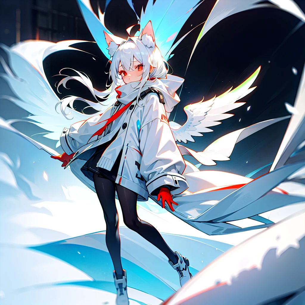 masterpiece, highest quality, highest resolution, clear_image, detailed details, White hair, long hair, cat ears, 1 girl, red eyes, white hoodie, black pantyhose, white scarf (white scarf around the neck with a light blue glow), gray futuristic halo (gray halo over the head), white wings (6 wings), cute, full body, no water marks, snow, normal ears. white dragon