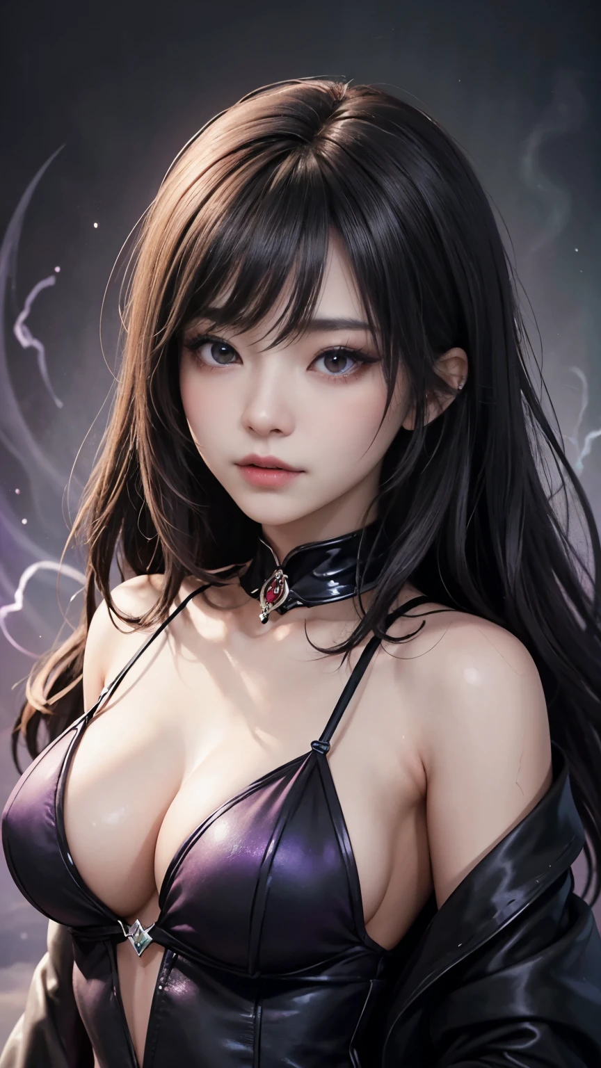 (masterpiece:1.2), High Resolution Body, fine grain, (sexy:1.1), (Deep Valley:1.3), (sexy bombshell:1.2), Female human, Dark Mage, Short white hair, Grey Eyes, (Dark and mysterious atmosphere), (Flowing black robe), (Magical symbol glowing on forehead:1.1), (An intricately carved magic wand), (Cast powerful spells), (Crackling purple energy), (sinister smile), (Ominous Purple Background), (Faint moonlight), (Surreal and magical lighting), (Watch the facial expression carefully), (Seductive and seductive gaze), (Complex makeup with emphasis on the eyes:1.1), (A delicate yet captivating glow), (Delicate and graceful movements), (An aura of power and confidence), (Create a magical shield), (Dark Energy Vortex), (Floating Magic Runes), (Ancient Mysterious Scroll), (Mystical energy spark), (Mysterious smoke and fog), (mysterious and attractive), (Powerful and attractive spells), (Controlling Shadows and Darkness), (Mysterious and intriguing personality), (Dramatic and dynamic poses), (Light and shadow contrast), (Depth and three-dimensionality of body and facial features), (Vivid and rich color palette), (Contrast between warm and cool colors), (very saturated、Bold colors), (Mysterious and magical atmosphere), (Unforgettable、Otherworldly beauty), (Inspire awe and wonder), (Elegance and strength), (The perfect balance between realism and fantasy).