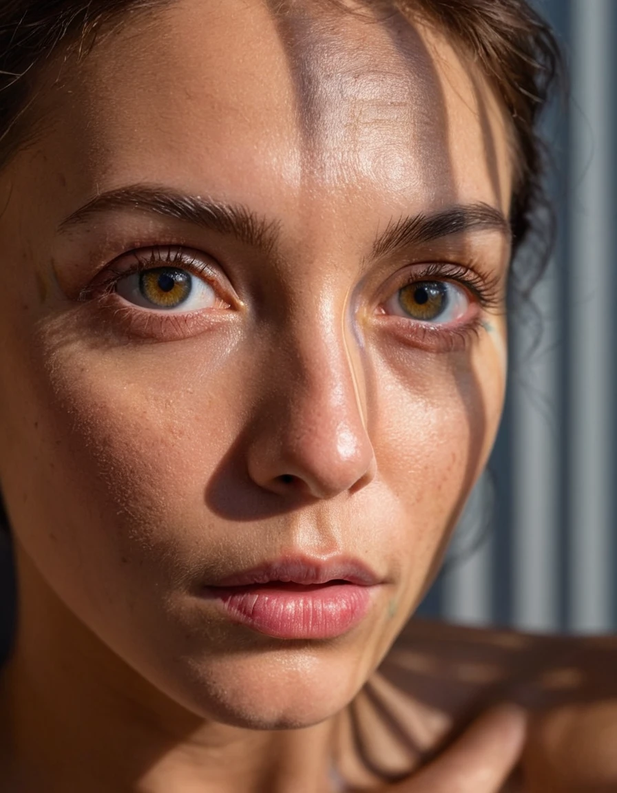A photo oF a (Face bathed in patterned light:1.3), (dappled shadows:1.2), (captivating look:1.1), (contrast oF light and texture:1.2), artistic interaction, (sharp luminous stripes:1.1), (Detailed iris:1.1), Sony α7R IV, 1/320s, F/2.8, ISO 400, (enigmatic expression:1.2), (highlighted Facial contours:1.1), (intimate portrait:1.2), RAW File Format, (visual rhythm:1.1), (intrinsic contrast:1.2).