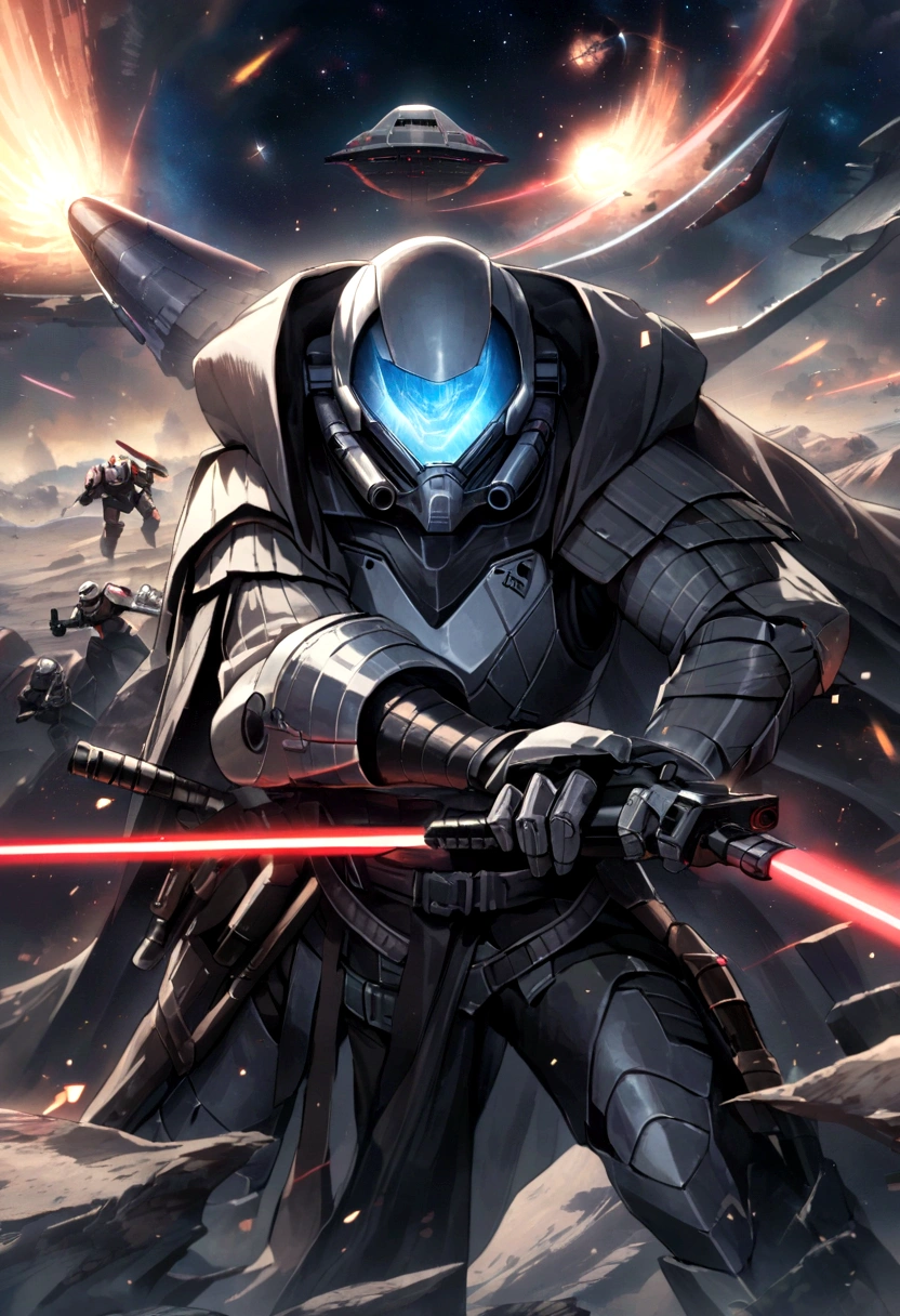 In a galaxy far, far away,A planet shining brightly,Huge interstellar battleships shuttle through,Laser sword flashing,Jedi Knights and Sith Knights fighting fiercely,Stormtroopers in strange armor line up neatly,A spectacular space battle is taking place,The mysterious and powerful Force surges in the universe。