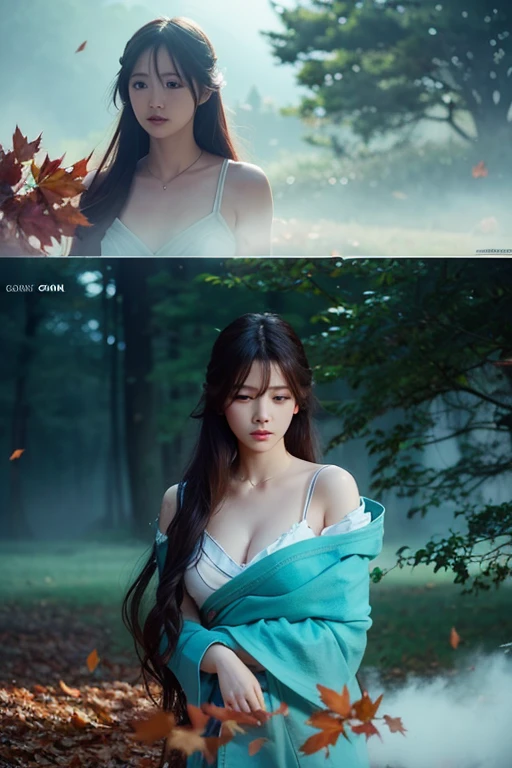 (High detail:1.2)Anime Girls,(Cinema Lighting,Delicate colors),(Fallen leaves:1.2), Subdued lighting, Wind, fog. Turquoise, Delta Shade. Discord Banner