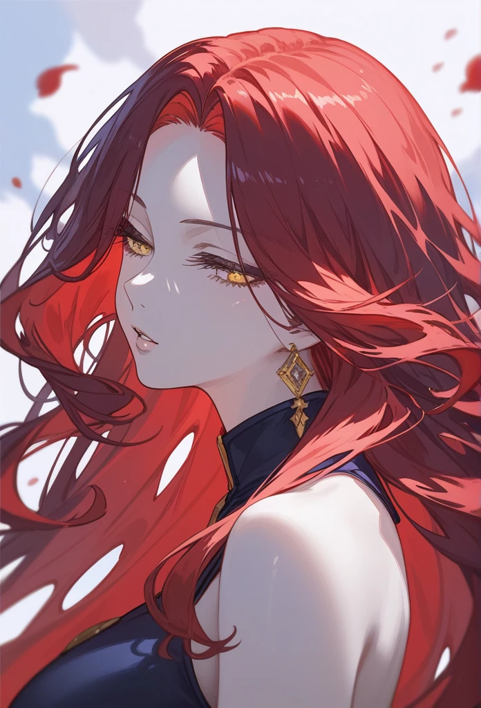 masterpiece, Score_9, Score_8_up, Score_7_up, rear view, 1 woman, alone, red hair, long straight hair, long parted bangs, golden eyes, slanted half-closed eyes, parted lips, expressionless, pale skin, large breasts, top body, upper body
Long open bangs, with a mole under the mouth,No bangs, layered hair.