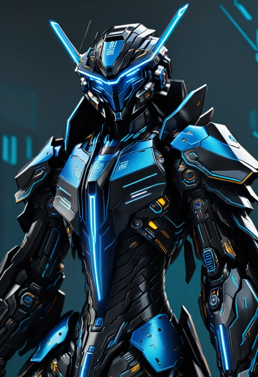 Black mecha with neon blue details, highlighting circuits and components, delegate mecha, neon daggers, mecha helmet with visor, light and flexible mecha armor with binary codes, long and thin mecha arm with metallic fingers, robust and articulated mecha pears with retractable thrusters, mecha with digital camouflage cloak,