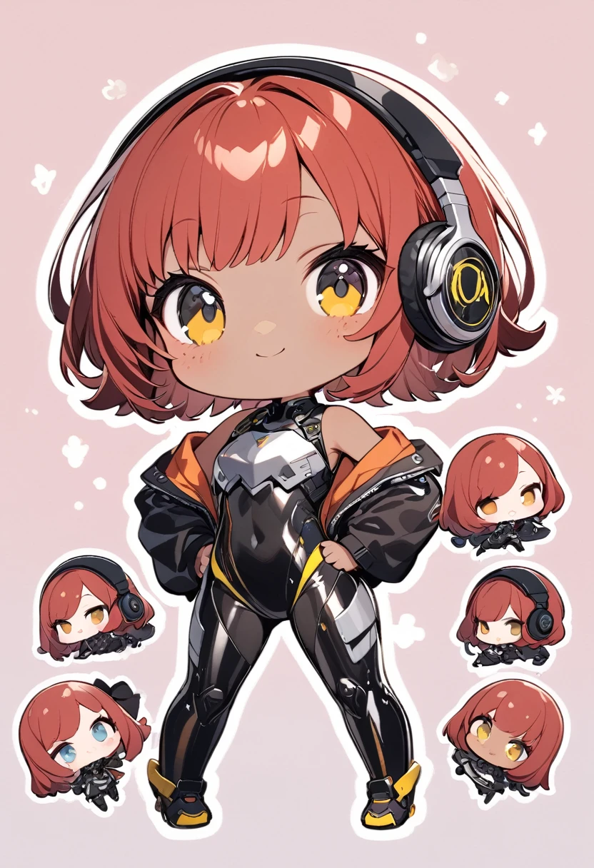 full body,1 girl,(cute:1.3),red Hair, left eye blue, right eye yellow, tan skin, freckles,{White breastplate, Black futuristic headphones, Mechanical black glossy metallic Bodysuit, Bare shoulders, oversized jacket, Glossy, shiny material,chibi emote, chibi character, hands on hips