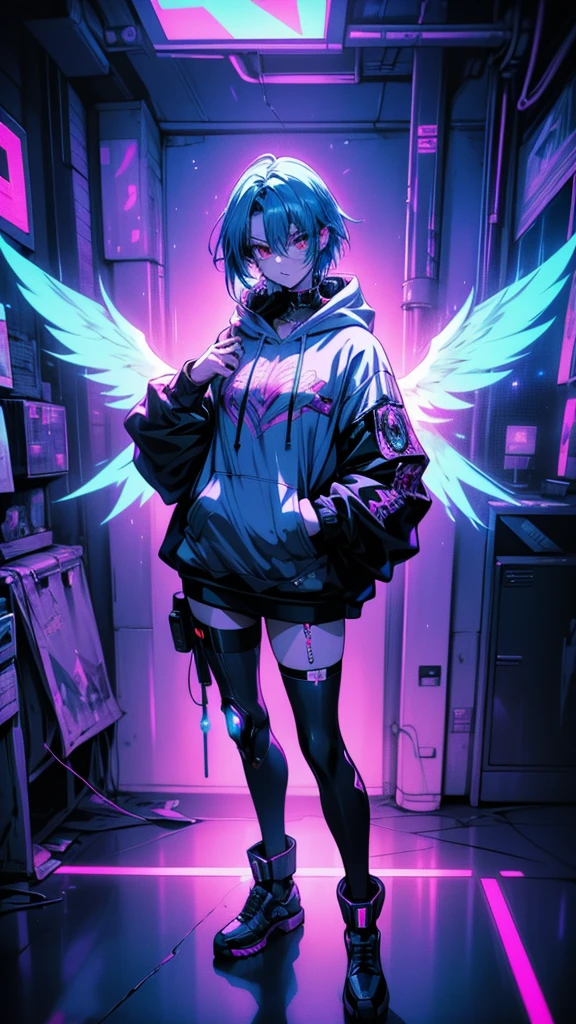 Girl with blue hair and angel wings in a dark room, Anime atmosphere, Digital Cyberpunk - Anime Art, anime cyberpunk art, Digital Cyberpunk Anime Art, Cyberpunk Anime Girl, Nightcore, female Cyberpunk Anime Girl, rossdraws cartoon vibrant, Holy Cyborg Necromancer Girl, Neon and dark, Cyberpunk Anime Girl in hoodie, Devil Anime Girl, Cyberpunk art style