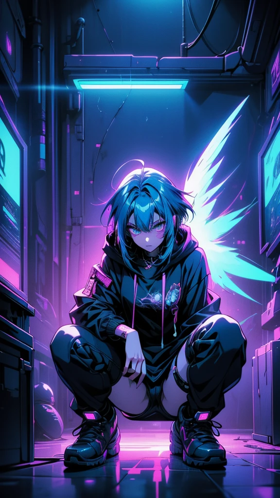 Girl with blue hair and angel wings in a dark room, Anime atmosphere, Digital Cyberpunk - Anime Art, anime cyberpunk art, Digital Cyberpunk Anime Art, Cyberpunk Anime Girl, Nightcore, female Cyberpunk Anime Girl, rossdraws cartoon vibrant, Holy Cyborg Necromancer Girl, Neon and dark, Cyberpunk Anime Girl in hoodie, Devil Anime Girl, Cyberpunk art style
