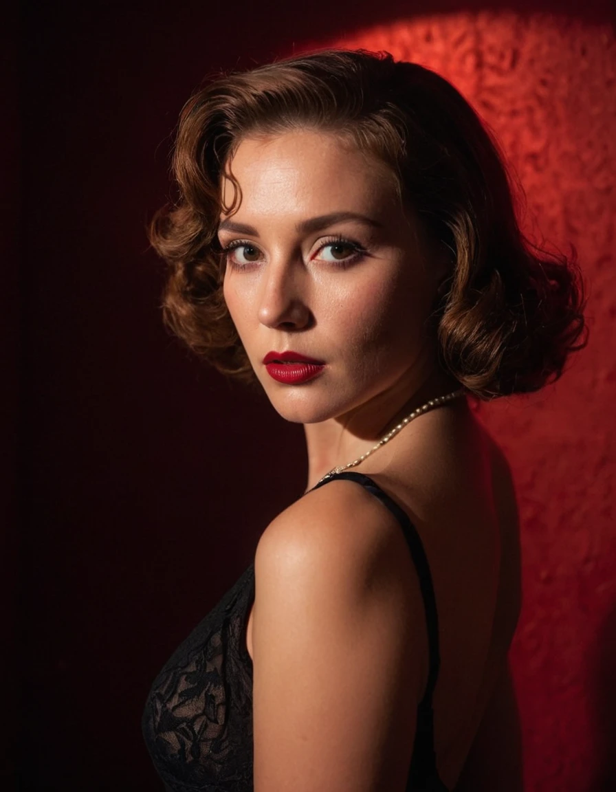 A photo oF a (woman with vintage glamor:1.3), (rich red lighting:1.2), (shadow play on Face:1.4), retro hairstyle, (intense look:1.3), (mystery in his expression:1.2), textured background, (Film noir inspiration:1.3), deep contrasts, (sensual atmosphere:1.2), HasselbladX1D, 1/180s, F/2.8, ISO 0, (Focused soFtness:1.1), (elegant dress:1.2), cinematic charm.