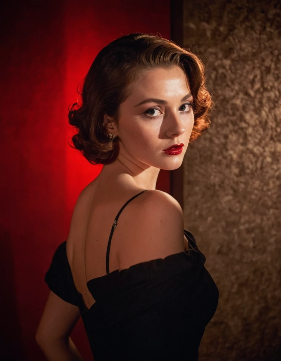 A photo oF a (woman with vintage glamor:1.3), (rich red lighting:1.2), (shadow play on Face:1.4), retro hairstyle, (intense look:1.3), (mystery in his expression:1.2), textured background, (Film noir inspiration:1.3), deep contrasts, (sensual atmosphere:1.2), HasselbladX1D, 1/180s, F/2.8, ISO 0, (Focused soFtness:1.1), (elegant dress:1.2), cinematic charm.