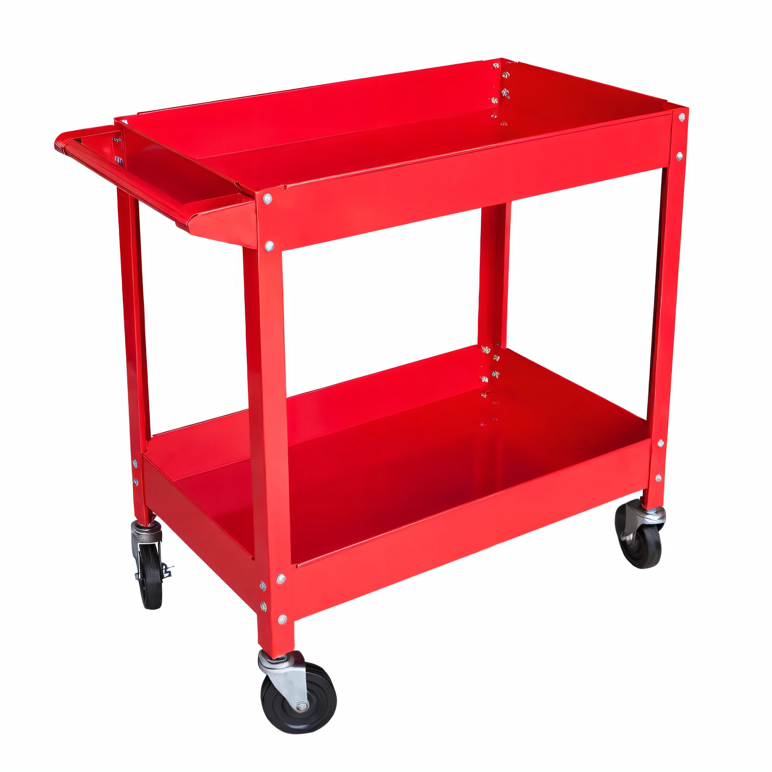 a close up of a red Metal work cart with wheels, cart, tool, Full Height View, mine cart, Maximum, "High quality product image", High-detail product photos, red mechanical body, High-quality product photos, Metal, Zido, cart wheels, HILL, Black steel with red trim, Ruby, laboratory, 3 / 4 Views, 3/4 Views