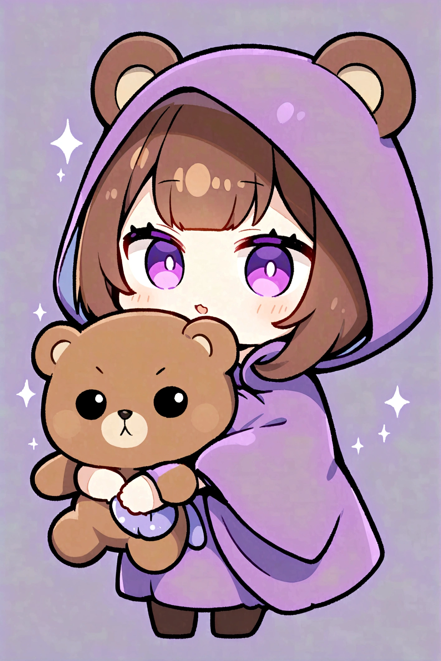 Brown Hair、Wearing a dark brown bear hood、Bangs、Bangs Style、茶髪ロングのChibi Character、Wearing a dark brown bear ear hooded blanket、Purple Eyes、Purple betta background、Chibi Character、Holding a teddy bear