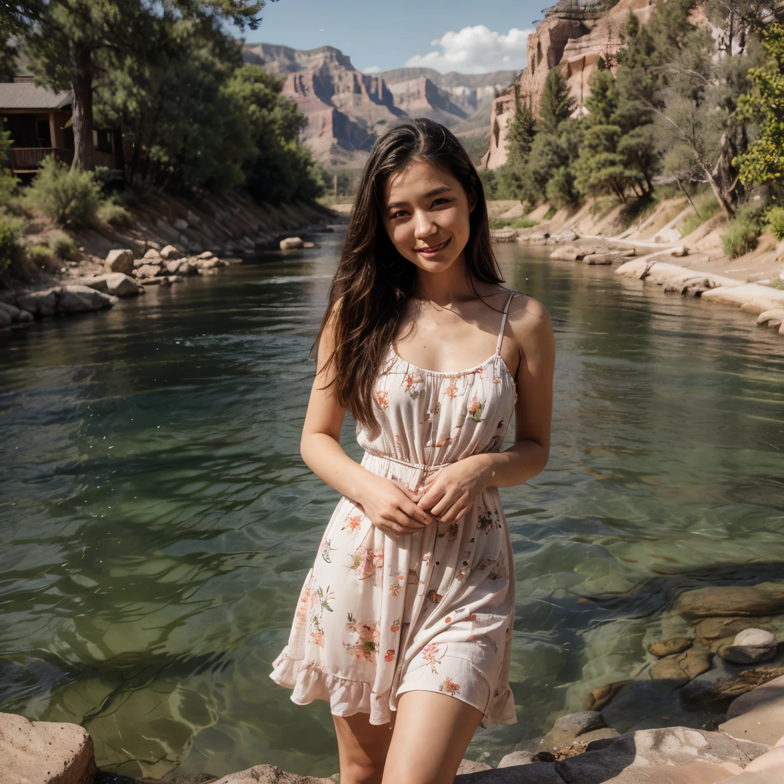 ((Realistic)), Beautiful 16 years girl, Korean realistic girl, Ultra Realistic, ((peach color Sundress dress)), (floral Dress)), ((Grand Canyon River)), Standing beside River bow, River has Floating water, Canyon Mountains, Beautiful smile, ((smile)), cactus, typical grand canyon plants, summer sky, birds in the sky