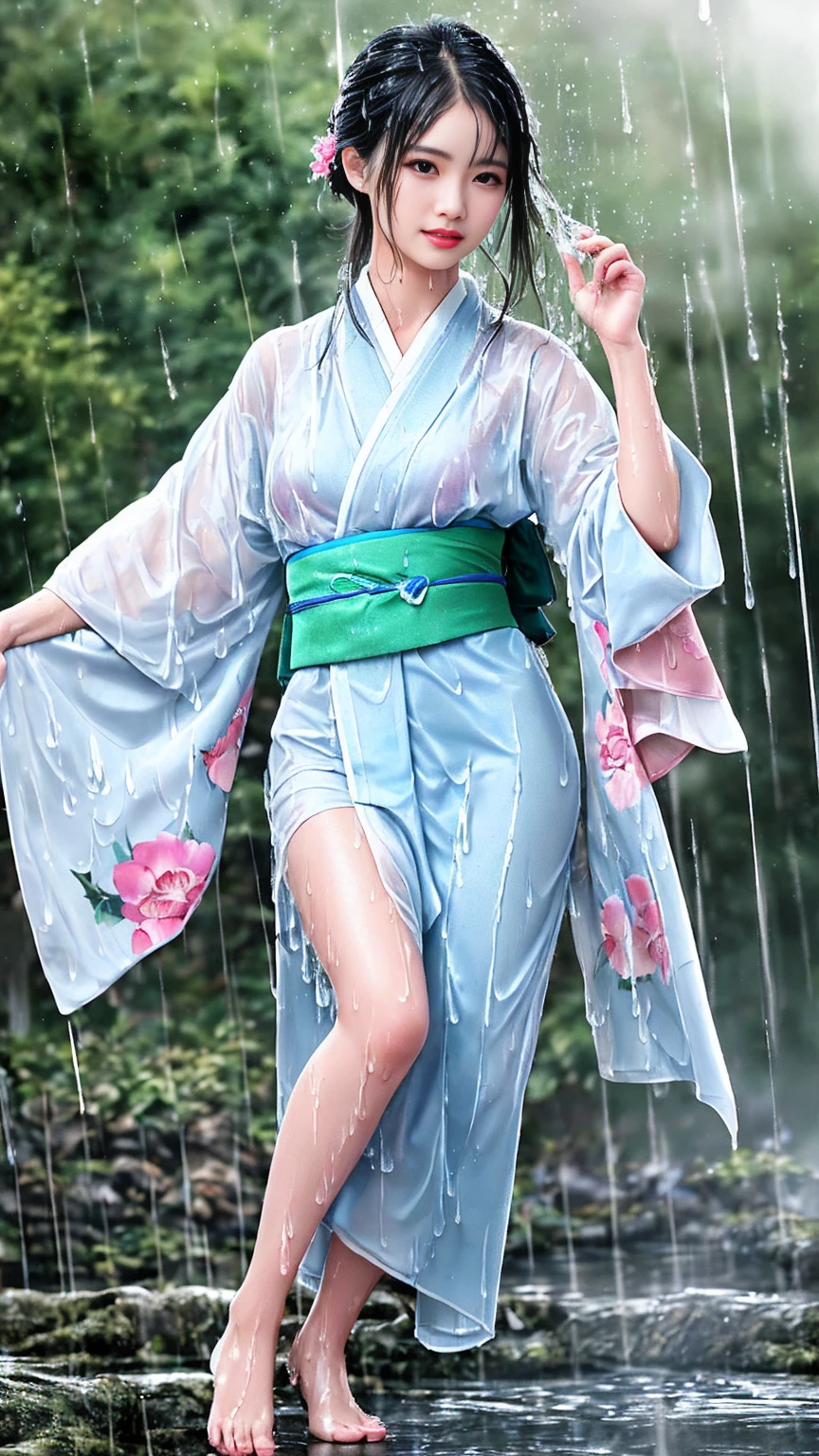 最high quality、high quality、Best image quality、、最High resolution、High resolution、最high quality、masterpiece、RAW Photos、whole body写真、Detailed and realistic human body、Detailed and realistic skin、Realistic face in every detail、Detailed and realistic eyes、Detailed and realistic lips、Detailed and realistic teeth、Detailed and realistic ears、Detailed and realistic hair、Realistic reproduction of every detail、((Beautiful Hands(thumb1、reference4))、Realistic feet down to the last detail、((Beautiful Japanese Girl))、(Japanese Model)、 Beautiful girl of years old))、(Black Hair)、(Random Hairstyles)、((whole body))、((Slim and perfect figure))、(Flat Chest、Small breasts)、(whole body光沢肌、Fair skin)、Mini length kimono、Hakama with slits、Japanese tradition、Japanese garden、Rain clouds spreading across the sky、Heavy rain weather、Pouring rain、Wind and rain storm、((Colorful floral pattern(See-through kimono dress))、((Pouring rainの中でリラックス(Poses to make your thighs look beautiful))、((Soaked skin from head to toe))、((Rain-soaked clothes(Rain dripping from clothes))、((The lines of her body are clearly visible through her wet kimono.))