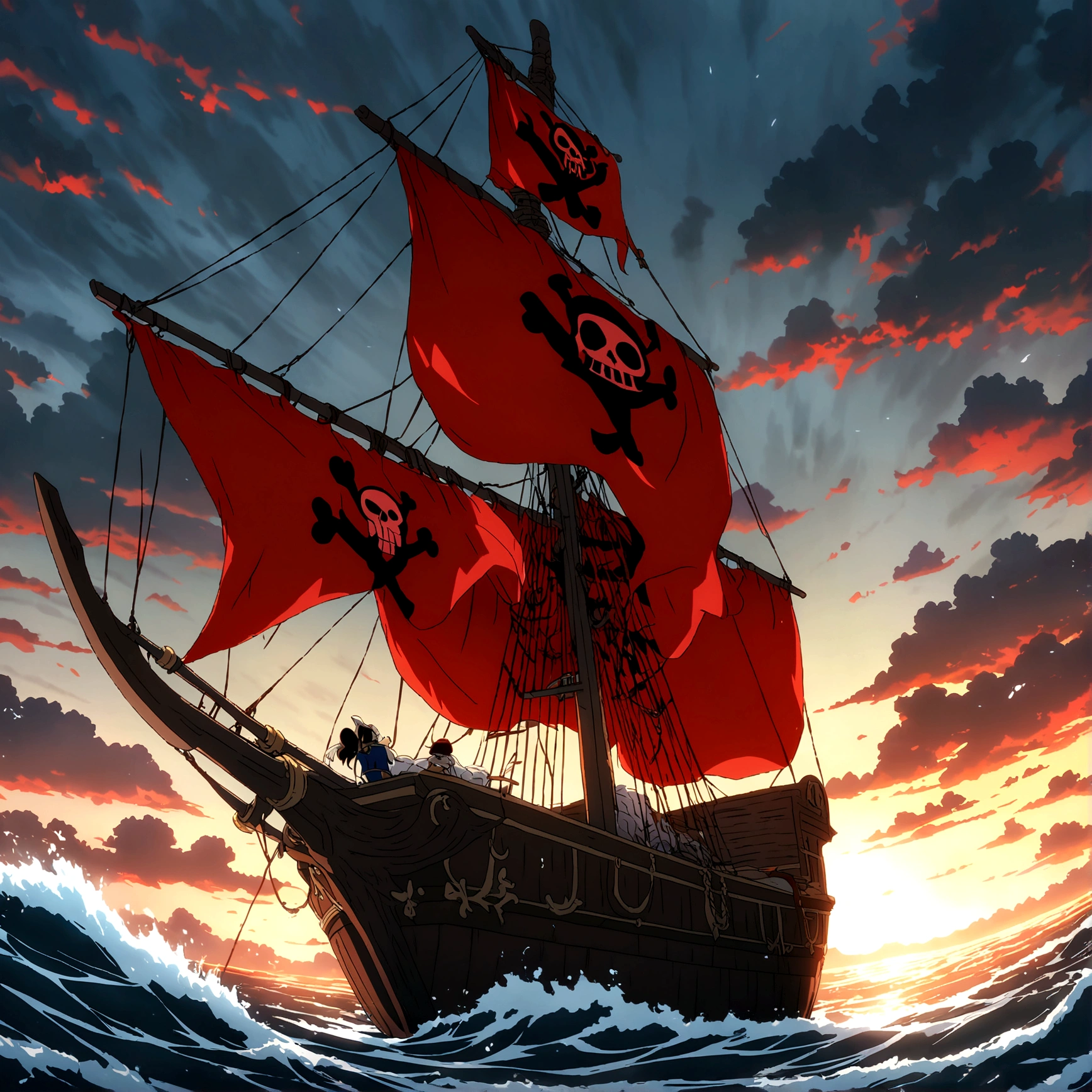 Large pirate ship, black wood, gold accents, red flag with a black skull with red eyes, black sails, sprawling ship bow, stormy ocean background, "One Piece-inspired anime features, drenched in dramatic and stunning lighting, dramatic lighting, infused with creative details, ultra-fine 2D design, scenery bathed in creativity, bathed in creativity, boasting HD anime resolution clarity, HD anime graphics, high-octane rendering"