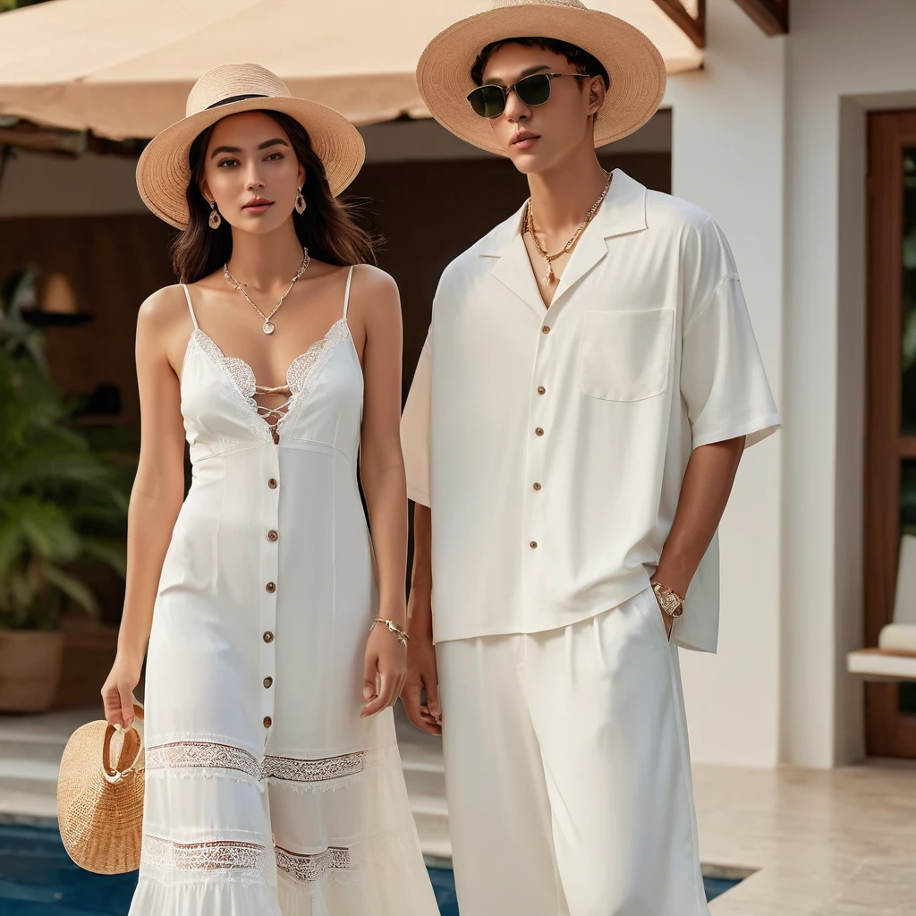 candid fashion photography of young man and woman, both aged 20 year old, ((showcase fashion look book in a White rayon outfits)), inspired by Zara's resort collection 2020 in elegant young bohemian style. The man wears an oversized short-sleeved bowling white shirt with a pocket details, paired with relaxed-fit white Sports Wide Leg Baggy short and Drawstring, He completes his look with white sneakers, sunglasses and bracelet. The woman complements him in a white Ankle-length dress in a rayon with delicate lace insets, V-shaped neckline, covered buttons down the front and an open section, (sleeveless with spaghetti shoulder straps), Gathered tiers down the skirt and a scalloped hem, Her ensemble includes an accessorizes with a wide-brimmed straw hat, white sneakers and necklace. Captured in a low angle, ((full-body image)), The photograph is taken with a Canon EOS R camera using an 85mm f/1.8 lens at an f/2.2 aperture, utilizing natural light. Employing three-point lighting and incorporating 3D animation shadows enhances his features and adds depth to the composition. The careful layering and arrangement of his body parts and surrounding objects ensure a flawless composition. This masterpiece celebrates the beauty of the male form and invites viewers to immerse themselves in a world of sophistication and charm. The seductive lighting and intricate details, combined with a dramatic composition, invite viewers to revel in the essence of a fun-filled day, brimming with joy and relaxation. Attention is meticulously paid to the layers and arrangement of his body parts and surrounding objects, ensuring correct body structure and photo distance. The romantic atmosphere, paired with a lively and extremely gorgeous background, enhances the overall allure of this exquisite image.