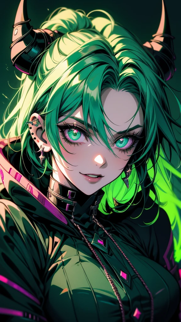Close-up of a person with green hair and piercings, Anime Monster Girl, [[[[smile wickedly]]]], Dark Neon Punk, 1 7 year old anime goth girl, Devil Anime Girl, mikudayo, portrait Gap Moe Yandere Grimdark, Gap Moe Yandere Grimdark, Neon and dark, Nightcore