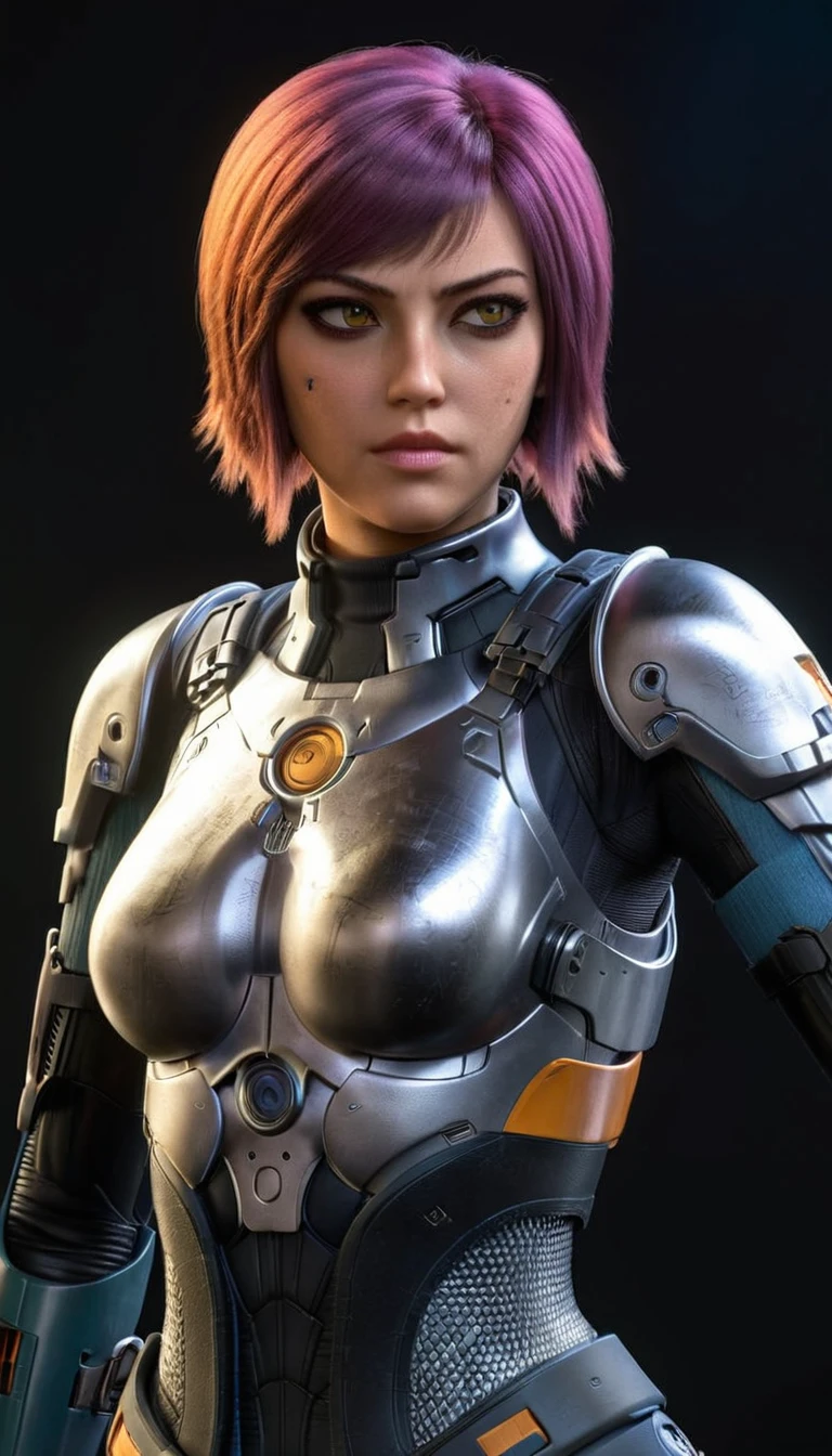 professional 3d model Cinematic scene, sabine wren, SILVER armor (HUGE BREASTS), Ghost in the Shell, detailed background, masterpiece, best quality, high quality, highres, absurdres . octane render, highly detailed, volumetric, dramatic lighting
