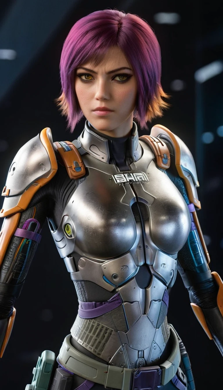 professional 3d model Cinematic scene, sabine wren, SILVER armor (HUGE BREASTS), Ghost in the Shell, detailed background, masterpiece, best quality, high quality, highres, absurdres . octane render, highly detailed, volumetric, dramatic lighting
