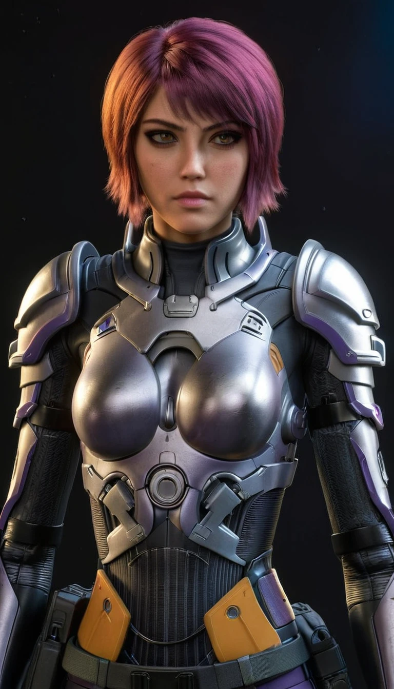 professional 3d model Cinematic scene, sabine wren, SILVER armor (HUGE BREASTS), Ghost in the Shell, detailed background, masterpiece, best quality, high quality, highres, absurdres . octane render, highly detailed, volumetric, dramatic lighting
