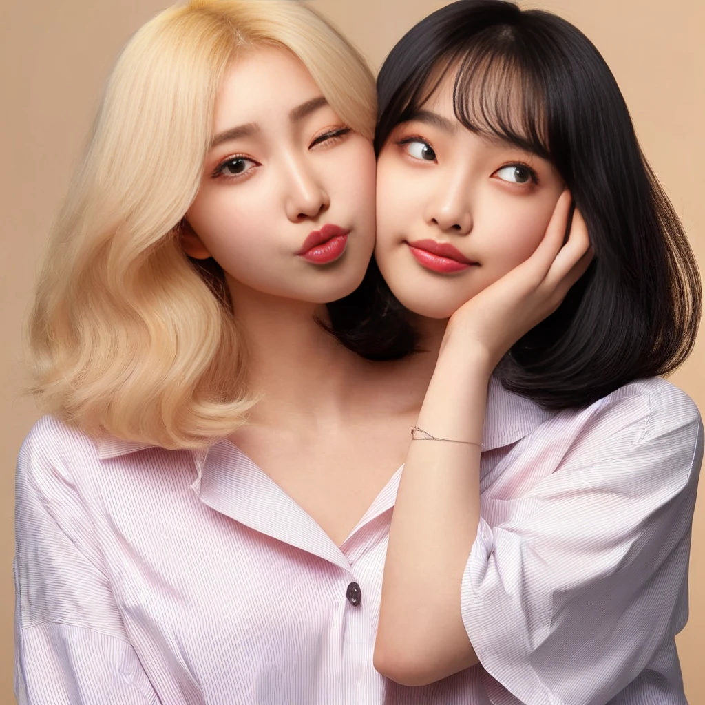 2heads, best resolution, young korean woman with two heads, blonde, black hair, button shirt, different faces