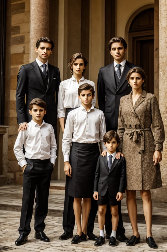 Three male brothers and one female sister, serious and elegant Italians