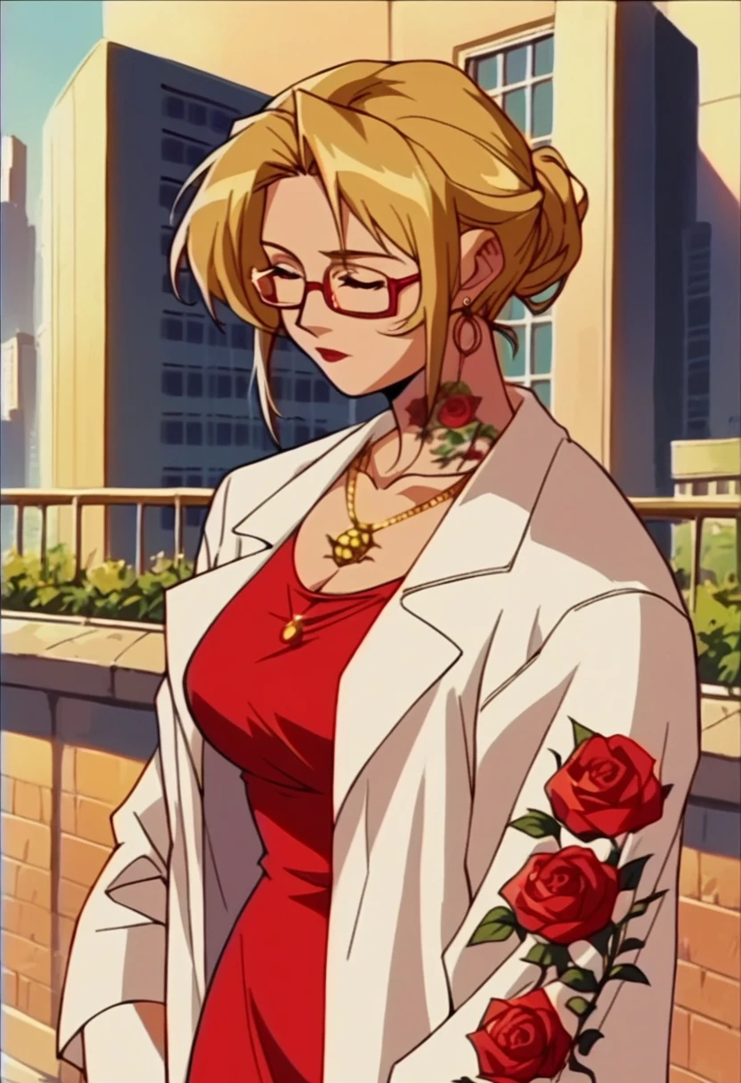 blonde hair woman, milf red dress, golden necklaces, white jacket, red glasses, city, morning, roses tattoos