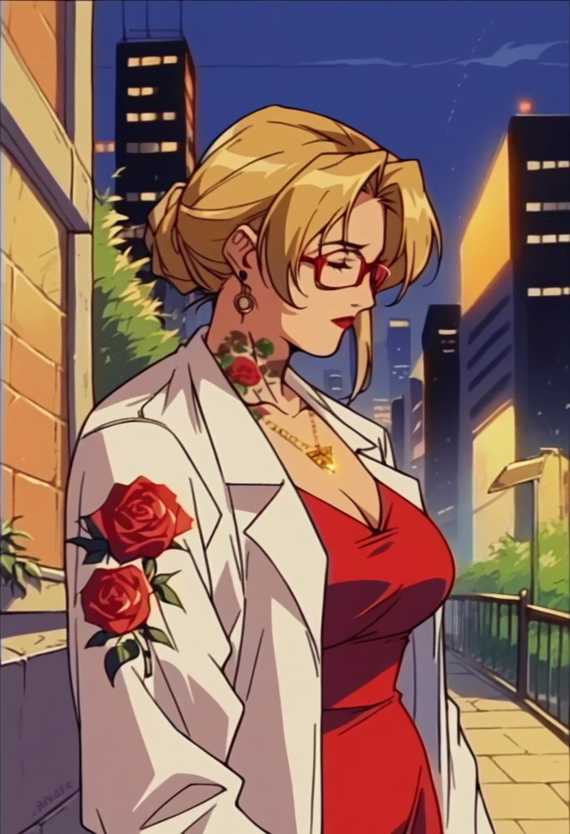 blonde hair woman, milf red dress, golden necklaces, white jacket, red glasses, city, morning, roses tattoos