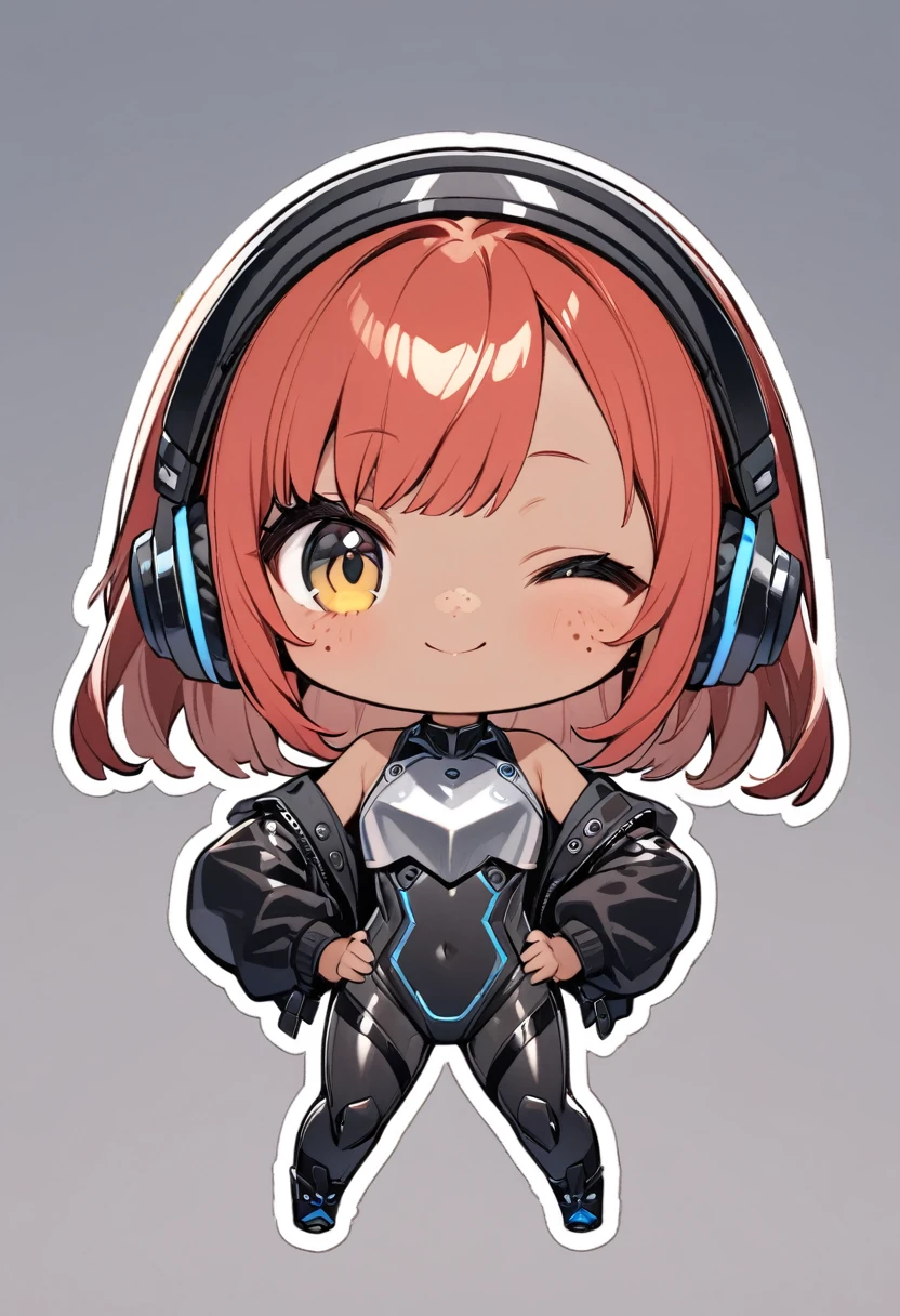full body,1 girl,(cute:1.3),red Hair, left eye blue, right eye yellow, tan skin, freckles,{White breastplate, Black futuristic headphones, Mechanical black glossy metallic Bodysuit, Bare shoulders, oversized jacket, Glossy, shiny material,chibi emote, chibi character, hands on hips