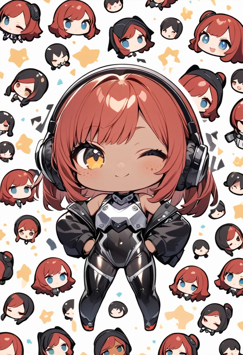 full body,1 girl,(cute:1.3),red Hair, left eye blue, right eye yellow, tan skin, freckles,{White breastplate, Black futuristic headphones, Mechanical black glossy metallic Bodysuit, Bare shoulders, oversized jacket, Glossy, shiny material,chibi emote, chibi character, hands on hips