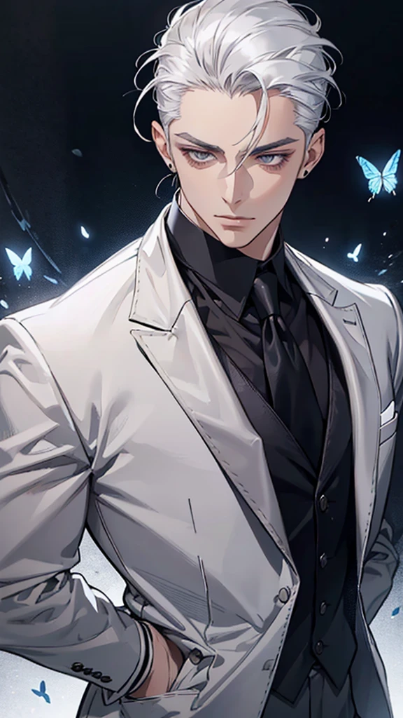 Adult man, white hair, silver eyes, slicked back, styled hair, silver suit, black tie, butterfly tie pin, silver earrings, front view, upper body