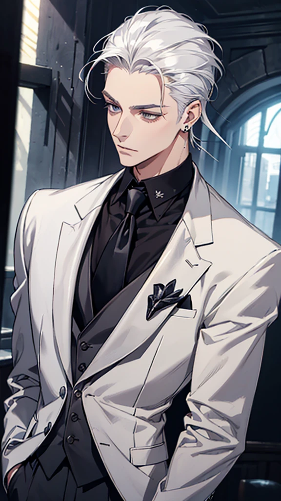 Adult man, white hair, silver eyes, slicked back, styled hair, silver suit, black tie, butterfly tie pin, silver earrings, front view, upper body